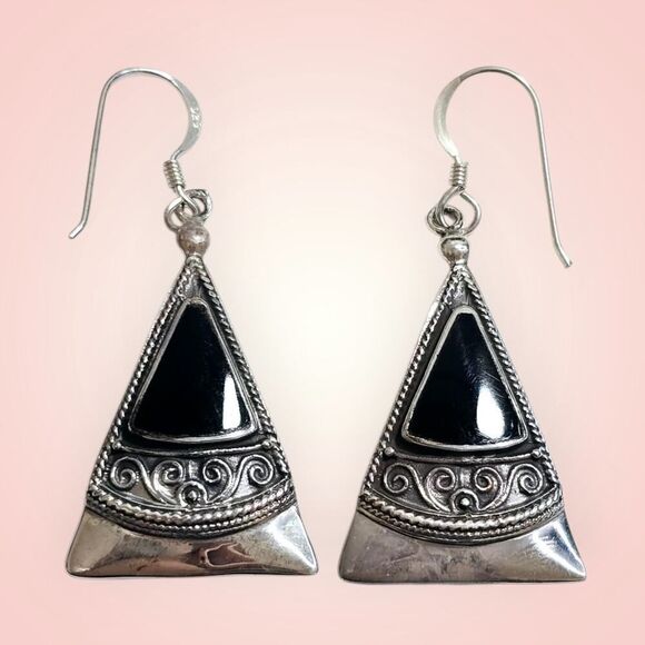 Vintage Sterling Silver 925 Black Onyx Triangle Dangle Earrings - Picture 1 of 8